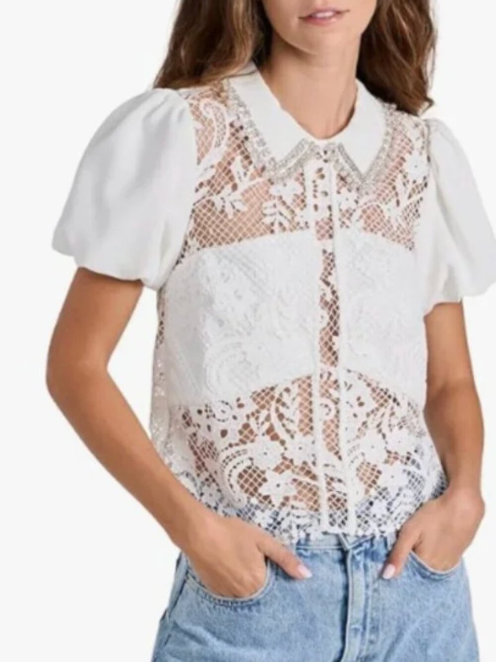 Self Portrait White Lace Diamante Collar Top - Size 12